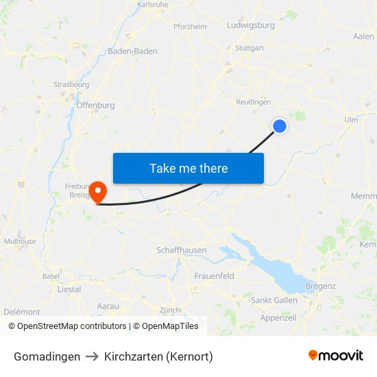 Gomadingen to Kirchzarten (Kernort) map