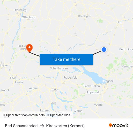 Bad Schussenried to Kirchzarten (Kernort) map