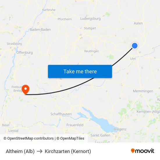 Altheim (Alb) to Kirchzarten (Kernort) map