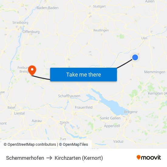 Schemmerhofen to Kirchzarten (Kernort) map