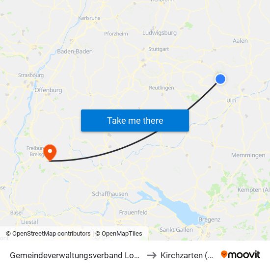 Gemeindeverwaltungsverband Lonsee-Amstetten to Kirchzarten (Kernort) map