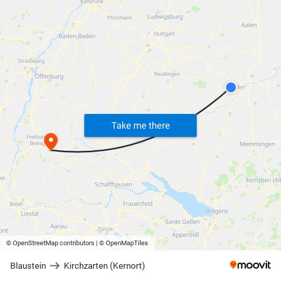 Blaustein to Kirchzarten (Kernort) map