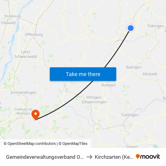 Gemeindeverwaltungsverband Oberes Gäu to Kirchzarten (Kernort) map