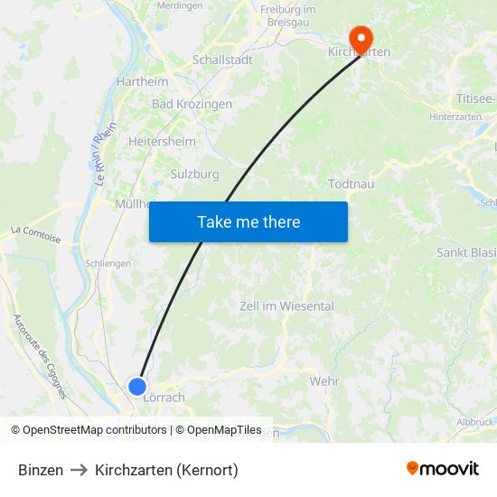 Binzen to Kirchzarten (Kernort) map