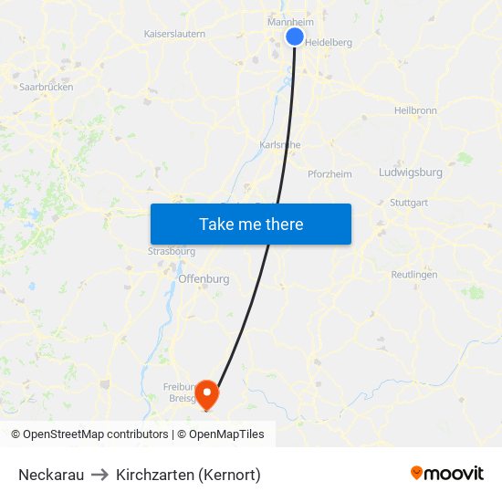 Neckarau to Kirchzarten (Kernort) map