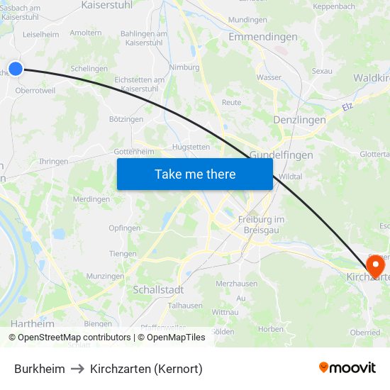 Burkheim to Kirchzarten (Kernort) map