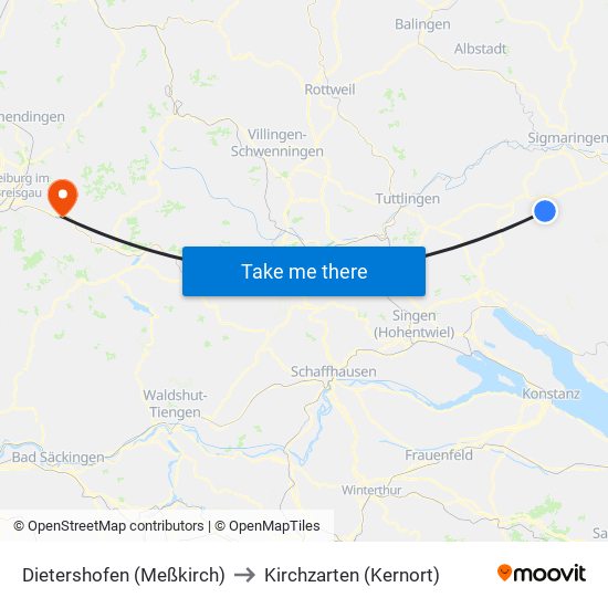 Dietershofen (Meßkirch) to Kirchzarten (Kernort) map