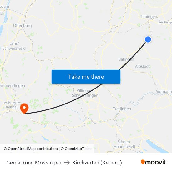 Gemarkung Mössingen to Kirchzarten (Kernort) map