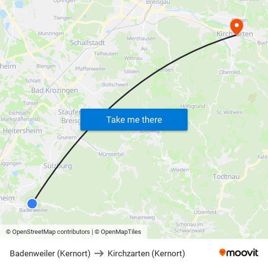 Badenweiler (Kernort) to Kirchzarten (Kernort) map