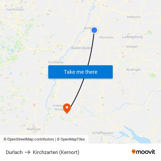 Durlach to Kirchzarten (Kernort) map