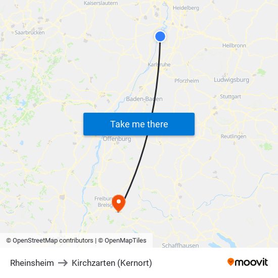 Rheinsheim to Kirchzarten (Kernort) map