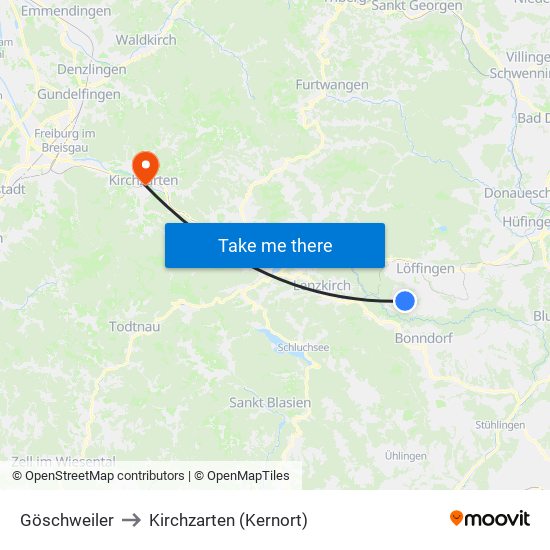 Göschweiler to Kirchzarten (Kernort) map