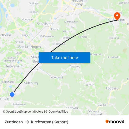 Zunzingen to Kirchzarten (Kernort) map