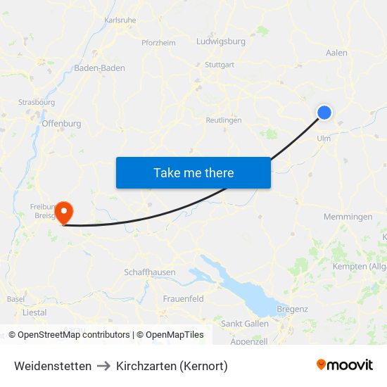 Weidenstetten to Kirchzarten (Kernort) map