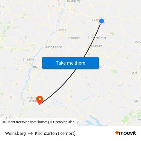 Weinsberg to Kirchzarten (Kernort) map