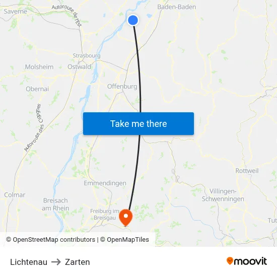 Lichtenau to Zarten map