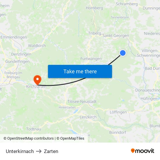 Unterkirnach to Zarten map