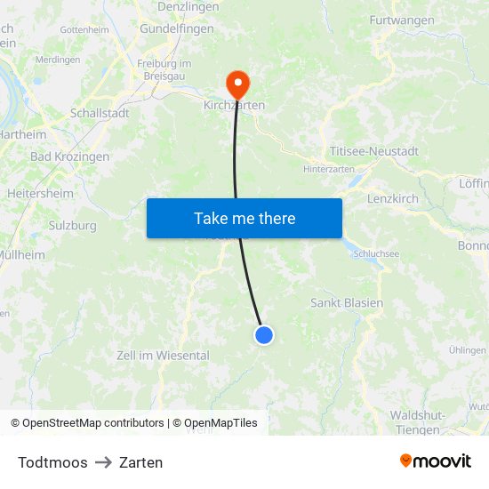 Todtmoos to Zarten map