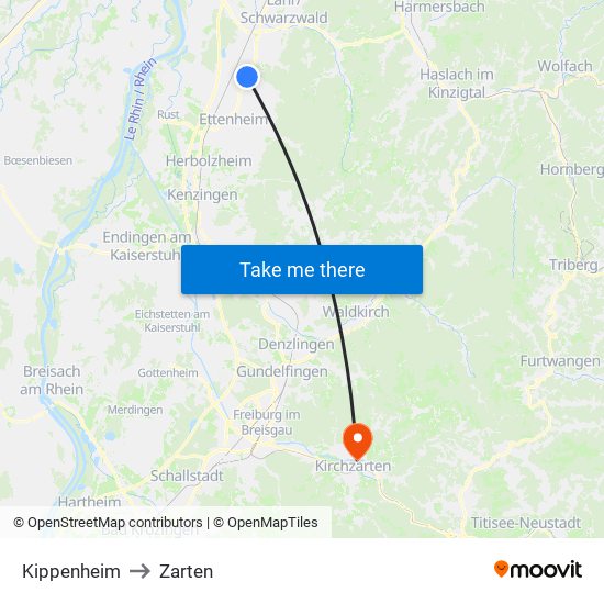 Kippenheim to Zarten map