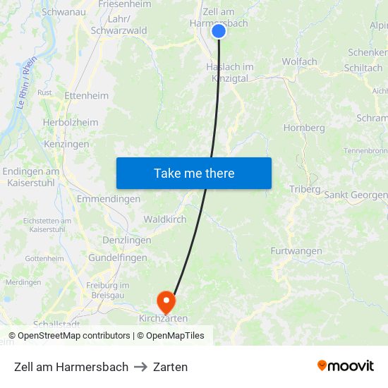 Zell am Harmersbach to Zarten map