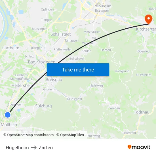 Hügelheim to Zarten map