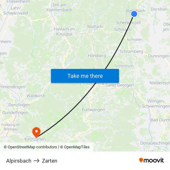 Alpirsbach to Zarten map