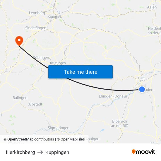 Illerkirchberg to Kuppingen map