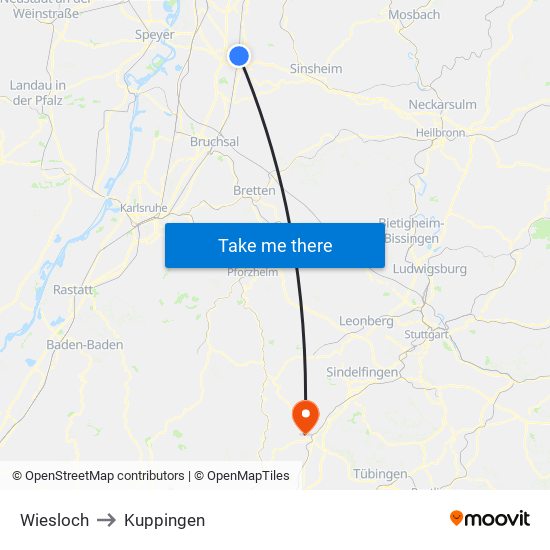 Wiesloch to Kuppingen map