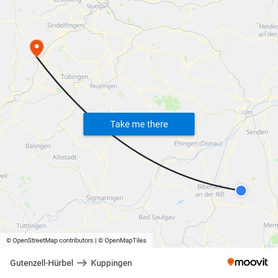 Gutenzell-Hürbel to Kuppingen map