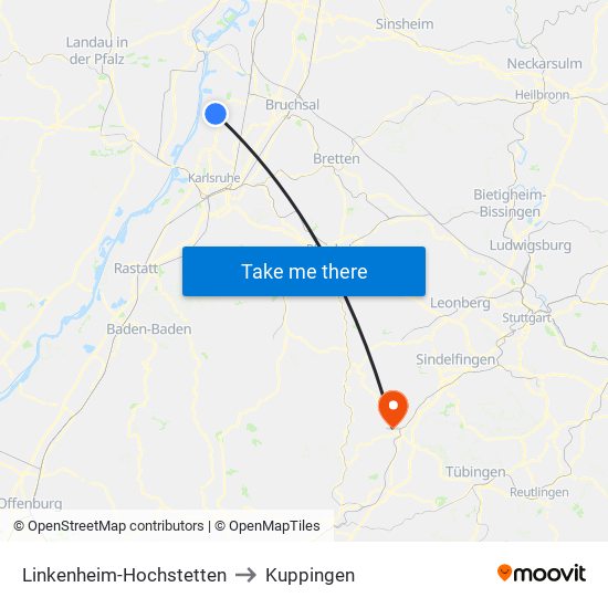 Linkenheim-Hochstetten to Kuppingen map