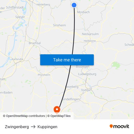 Zwingenberg to Kuppingen map