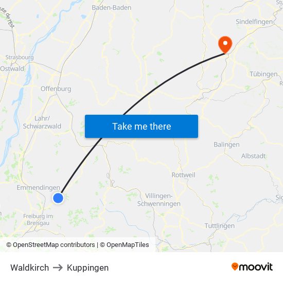 Waldkirch to Kuppingen map