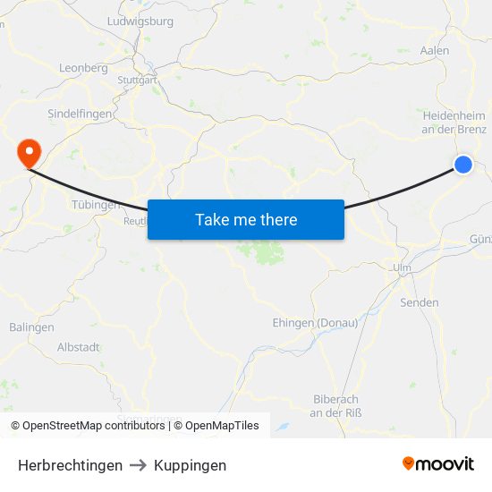 Herbrechtingen to Kuppingen map