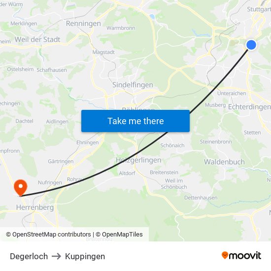 Degerloch to Kuppingen map