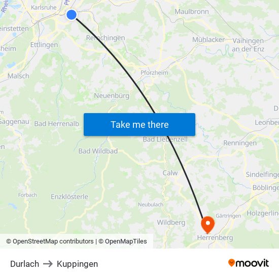 Durlach to Kuppingen map