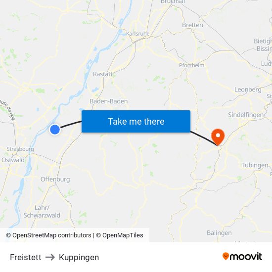 Freistett to Kuppingen map