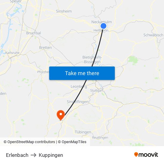 Erlenbach to Kuppingen map