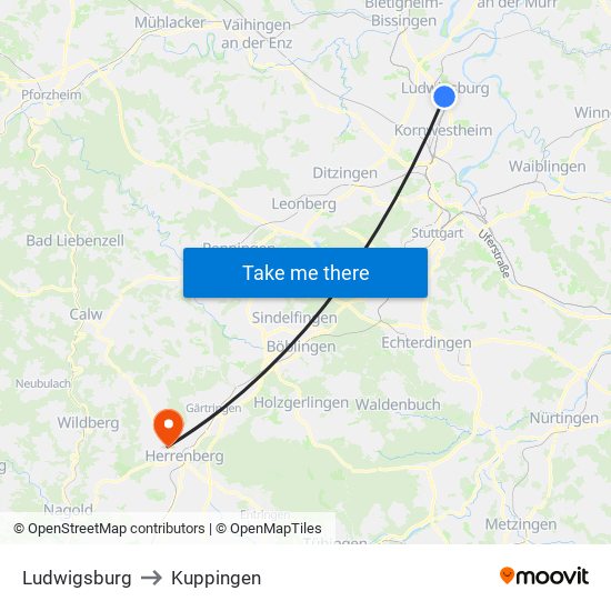 Ludwigsburg to Kuppingen map
