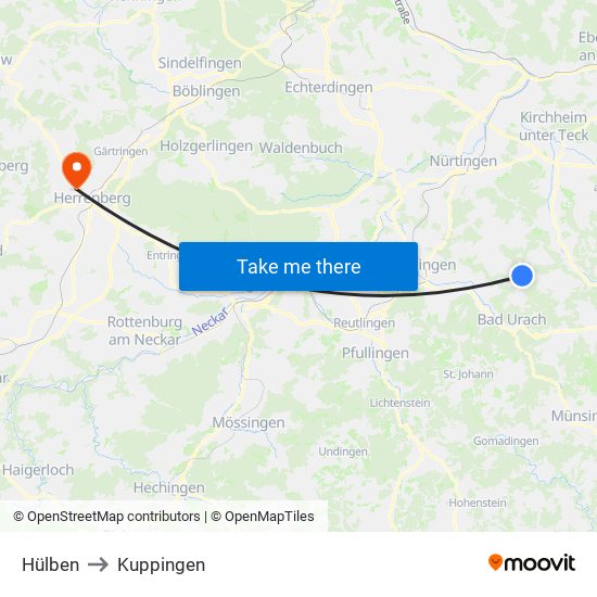Hülben to Kuppingen map