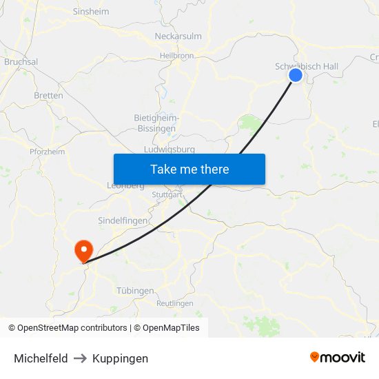 Michelfeld to Kuppingen map