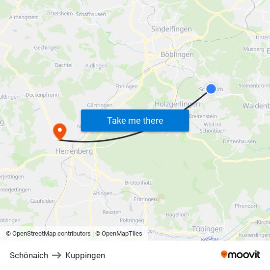 Schönaich to Kuppingen map