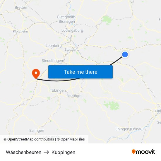Wäschenbeuren to Kuppingen map