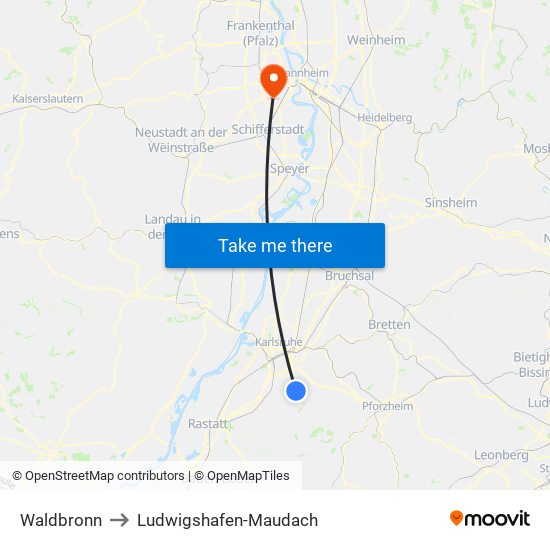 Waldbronn to Ludwigshafen-Maudach map