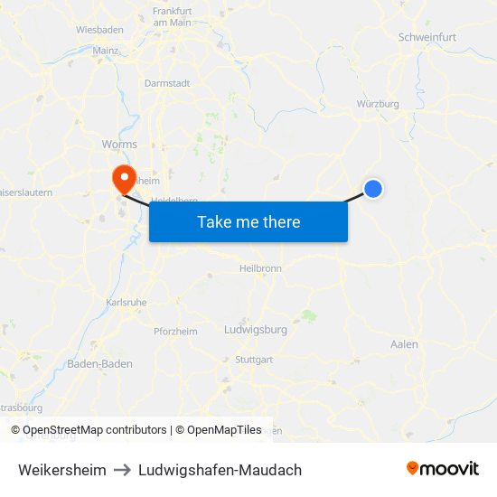 Weikersheim to Ludwigshafen-Maudach map