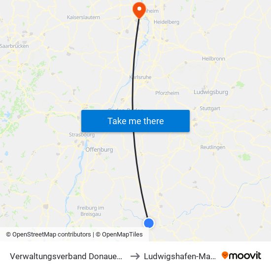 Verwaltungsverband Donaueschingen to Ludwigshafen-Maudach map