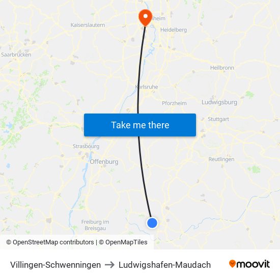 Villingen-Schwenningen to Ludwigshafen-Maudach map