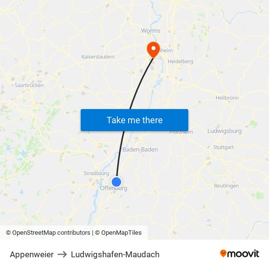 Appenweier to Ludwigshafen-Maudach map