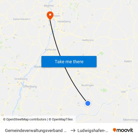 Gemeindeverwaltungsverband Gammertingen to Ludwigshafen-Maudach map