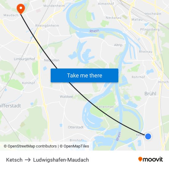 Ketsch to Ludwigshafen-Maudach map