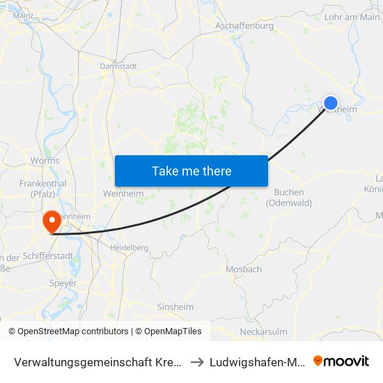 Verwaltungsgemeinschaft Kreuzwertheim to Ludwigshafen-Maudach map